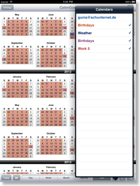 On the iPad you can choose the visible calendars by clicking the 